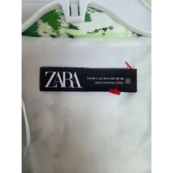 Zara Green White Black Print Linen Blend Bubble Sleeve Tie Front Kimono sz Large - Picture 6 of 8